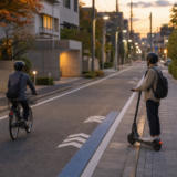 夕暮れの生活道路で自転車利用者と電動キックボード利用者が安全に通行している落ち着いた啓発イメージ