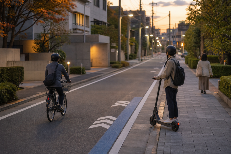 夕暮れの生活道路で自転車利用者と電動キックボード利用者が安全に通行している落ち着いた啓発イメージ