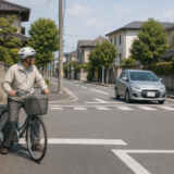 住宅街の交差点でヘルメットを着用した高齢の自転車利用者が左右を確認し、自動車が離れて待っている安全啓発イメージ