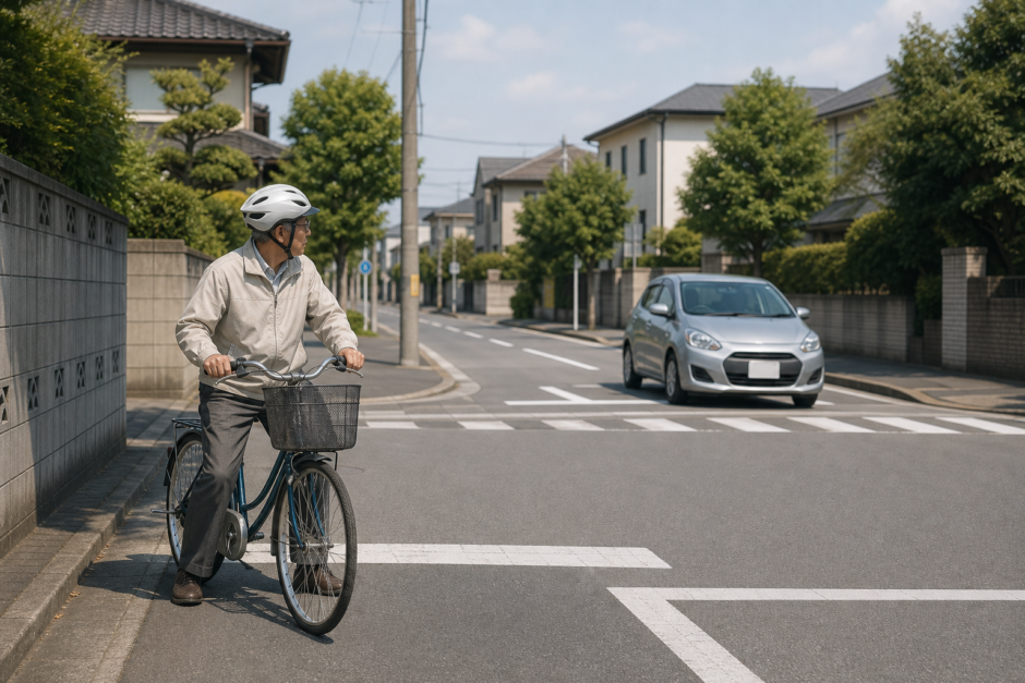 住宅街の交差点でヘルメットを着用した高齢の自転車利用者が左右を確認し、自動車が離れて待っている安全啓発イメージ