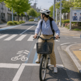 交差点の停止線手前でヘルメットを着けた自転車利用者が左右を確認し、歩道の親子と距離を取っている安全啓発イメージ