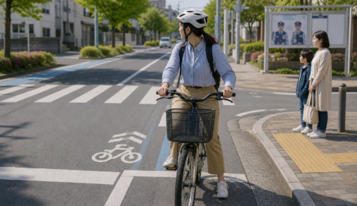 交差点の停止線手前でヘルメットを着けた自転車利用者が左右を確認し、歩道の親子と距離を取っている安全啓発イメージ