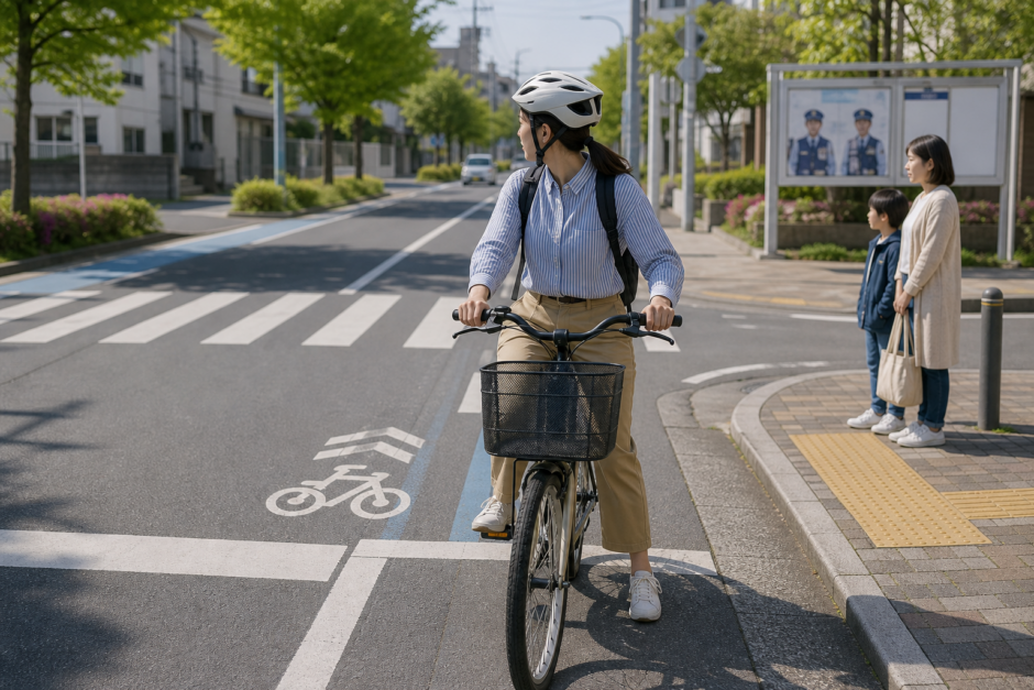 交差点の停止線手前でヘルメットを着けた自転車利用者が左右を確認し、歩道の親子と距離を取っている安全啓発イメージ
