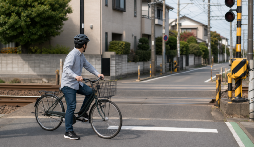 踏切の停止線手前でヘルメットを着用した自転車利用者が左右を確認している様子