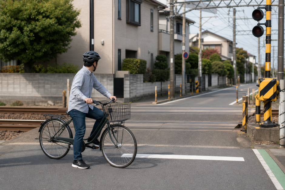 踏切の停止線手前でヘルメットを着用した自転車利用者が左右を確認している様子