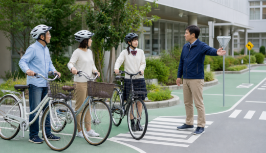 学校の練習コースで自転車利用者が講師から安全な通行方法を学んでいる交通安全教育のイメージ