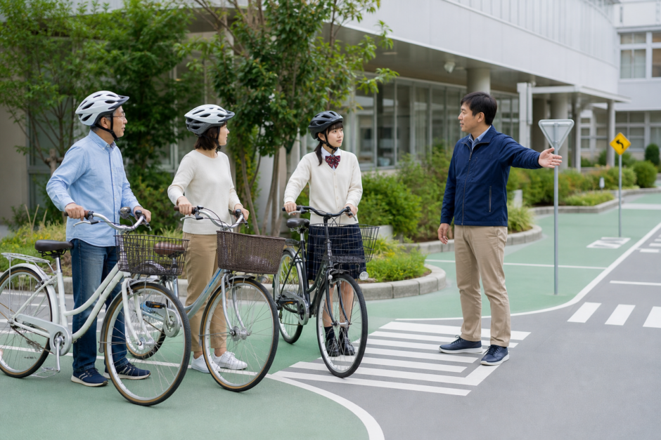 学校の練習コースで自転車利用者が講師から安全な通行方法を学んでいる交通安全教育のイメージ