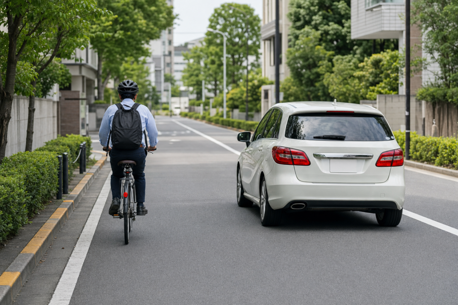 自転車の右側を十分な間隔で通過する車のイメージ