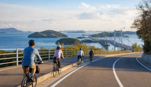 瀬戸内の海と島々を望む橋の近くでヘルメットを着用したサイクリストが安全に走る自転車旅のイメージ