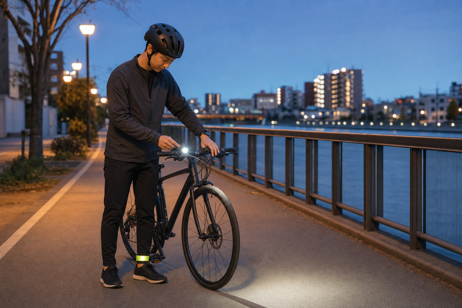 夕暮れの川沿いでヘルメットを着用した自転車利用者が前照灯を確認している様子