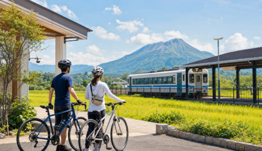 南薩の田園風景にある駅前でヘルメットを着用したサイクリストが列車を眺めているサイクルトレイン旅のイメージ