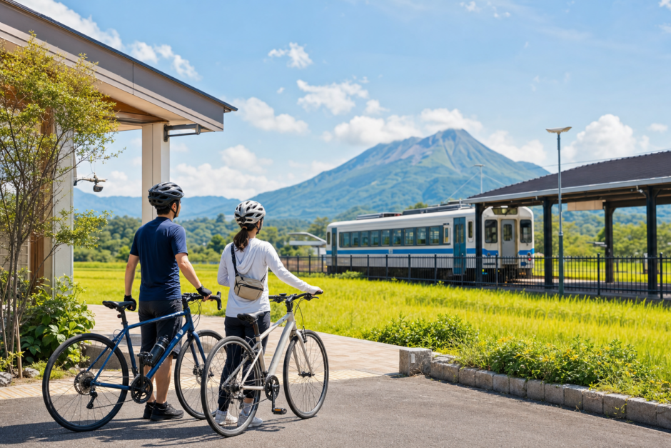 南薩の田園風景にある駅前でヘルメットを着用したサイクリストが列車を眺めているサイクルトレイン旅のイメージ