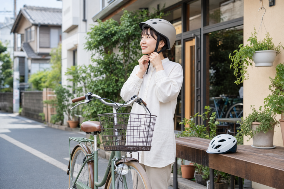 街なかで自転車のそばに立ち、ヘルメットのあごひもを確認する日常の自転車安全用品選びのイメージ