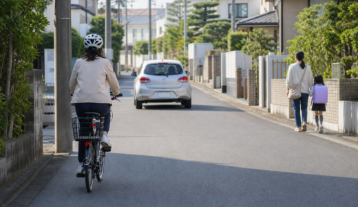 中央線のない日本の生活道路を左側通行するヘルメット着用の自転車と、間隔を空けて走る自動車、道路脇を歩く親子