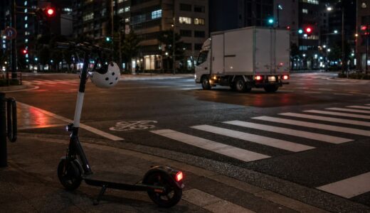 夜間の交差点にある電動キックボードと右折する軽貨物車