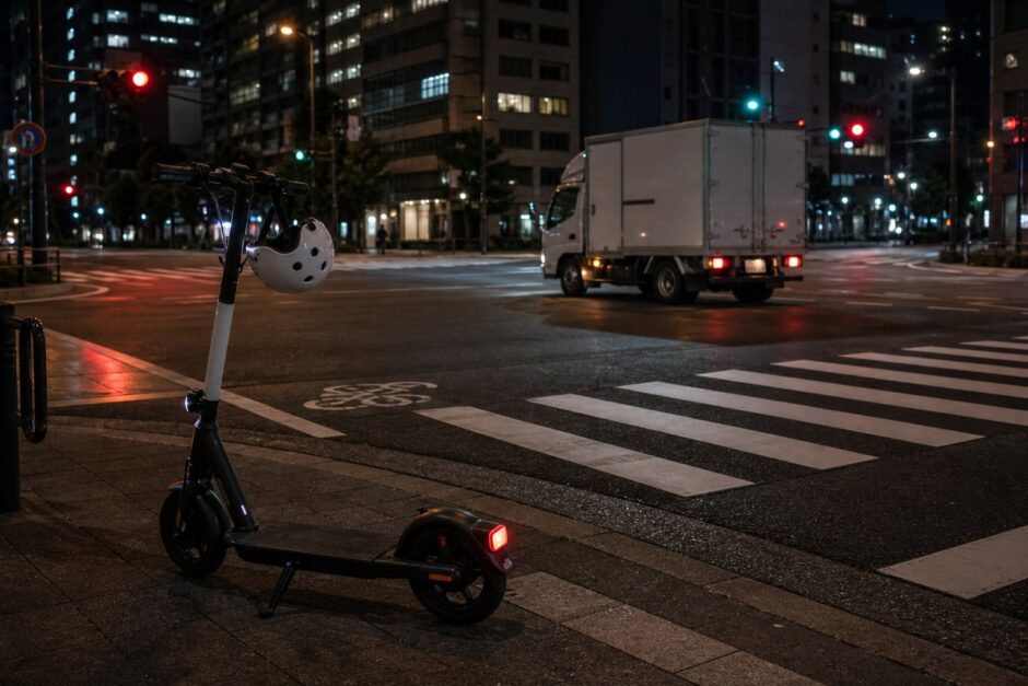 夜間の交差点にある電動キックボードと右折する軽貨物車