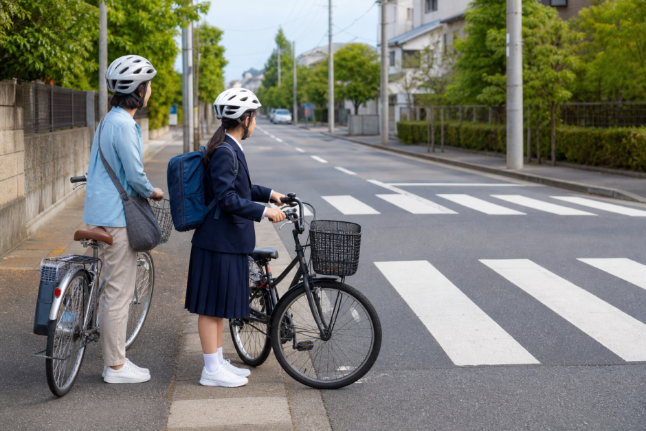通学路の横断歩道手前でヘルメットを着用した保護者と生徒が自転車を止め、安全確認をしている様子