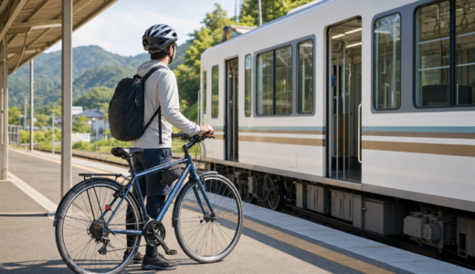 駅のホームでヘルメットを着用した利用者が自転車を押し、電車への乗車を待つサイクルトレイン利用のイメージ