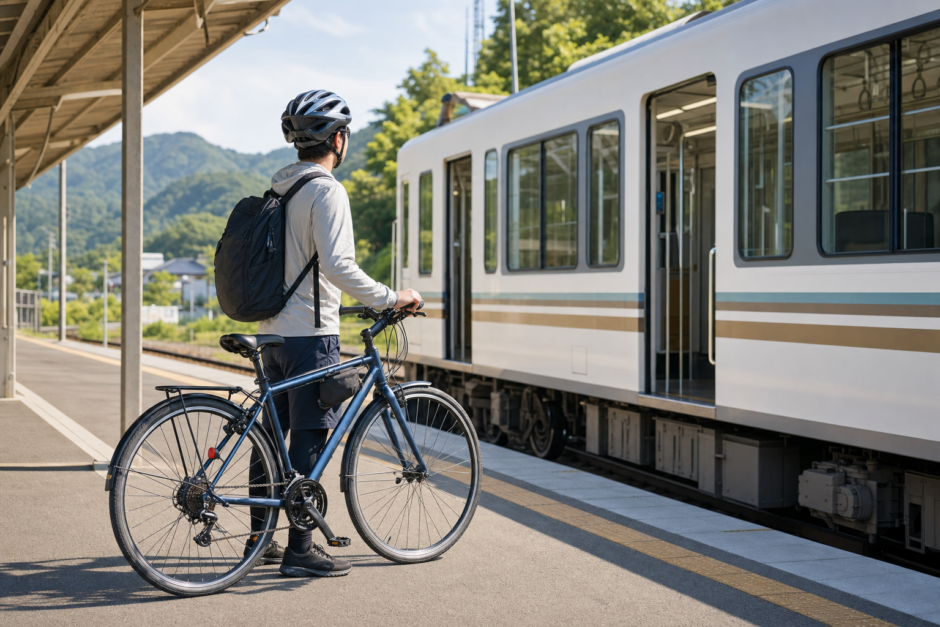 駅のホームでヘルメットを着用した利用者が自転車を押し、電車への乗車を待つサイクルトレイン利用のイメージ