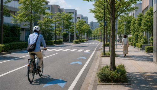 車道左側の自転車通行空間をヘルメット着用の利用者が安全に走り、歩行者と分離された道路環境を示すイメージ