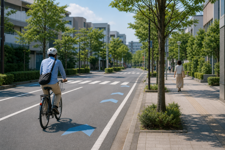 車道左側の自転車通行空間をヘルメット着用の利用者が安全に走り、歩行者と分離された道路環境を示すイメージ