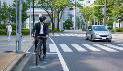 東京都内の交差点手前でヘルメットを着用した自転車利用者が左右を確認している様子
