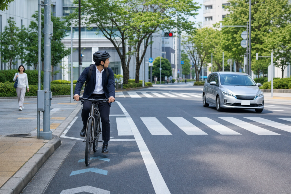 東京都内の交差点手前でヘルメットを着用した自転車利用者が左右を確認している様子