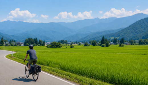 魚沼の田園風景と山並みを背景にヘルメットを着用したサイクリストが静かな道を走る自転車旅のイメージ