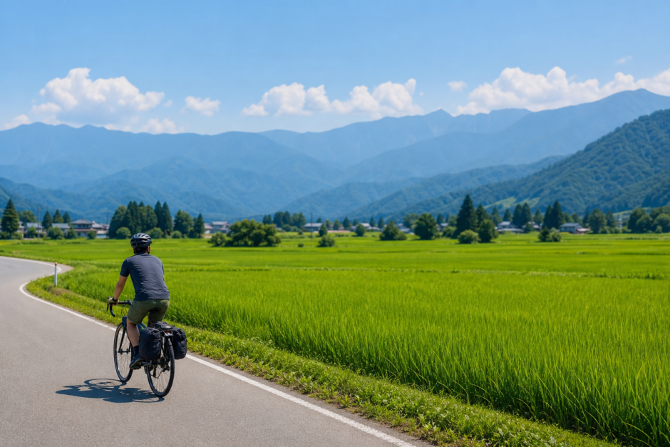 魚沼の田園風景と山並みを背景にヘルメットを着用したサイクリストが静かな道を走る自転車旅のイメージ