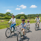 サファリ風の緑地内の舗装路をヘルメットを着けた家族が自転車でゆっくり走る明るいイメージ