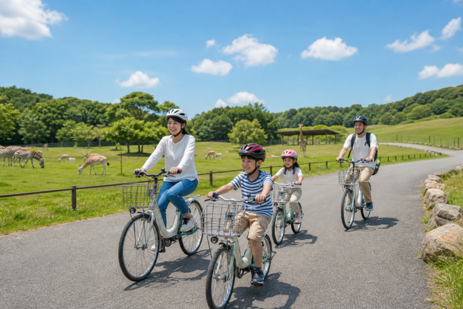 サファリ風の緑地内の舗装路をヘルメットを着けた家族が自転車でゆっくり走る明るいイメージ