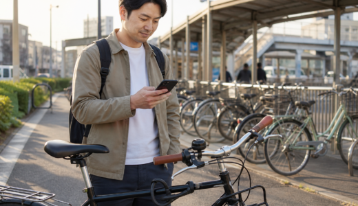 駅前の駐輪場で自転車のそばに立つ利用者がスマートフォンを確認し、ハンドルのベルと鍵を見守っている様子