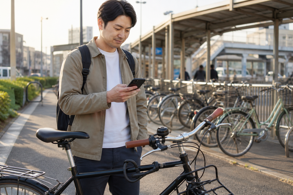 駅前の駐輪場で自転車のそばに立つ利用者がスマートフォンを確認し、ハンドルのベルと鍵を見守っている様子