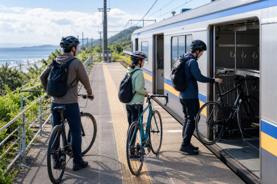 海の見える駅のホームでヘルメットを着用したサイクリストが自転車を安全に列車へ載せる準備をしている様子