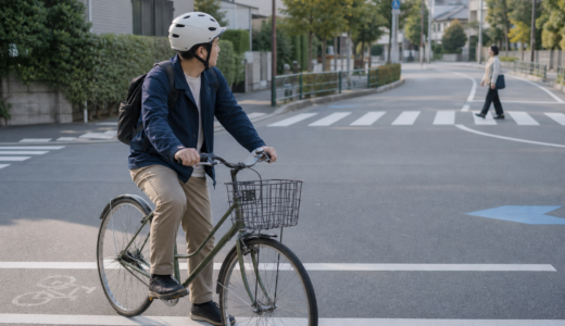 交差点の停止線手前でヘルメットを着用した自転車利用者が左右と横断歩道を確認している安全啓発イメージ