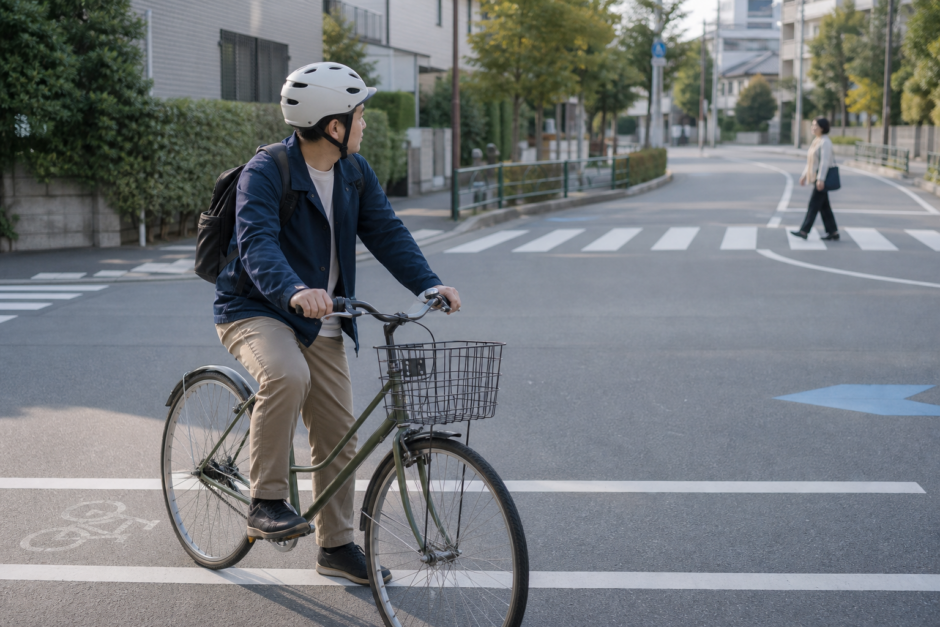 交差点の停止線手前でヘルメットを着用した自転車利用者が左右と横断歩道を確認している安全啓発イメージ