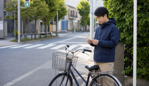 横断歩道近くで自転車を止め、青切符後の書類を落ち着いて確認する利用者