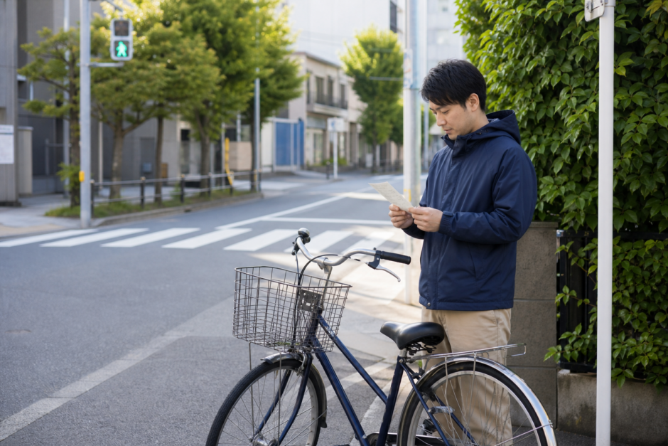 横断歩道近くで自転車を止め、青切符後の書類を落ち着いて確認する利用者
