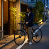 飲食店の前でヘルメットを着用した自転車利用者が飲酒後に乗らず安全な帰宅手段を考えている様子