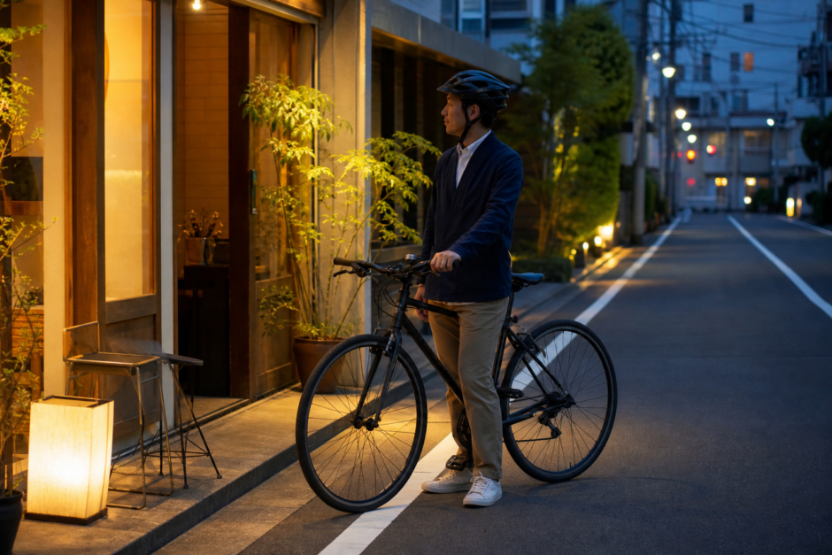 飲食店の前でヘルメットを着用した自転車利用者が飲酒後に乗らず安全な帰宅手段を考えている様子