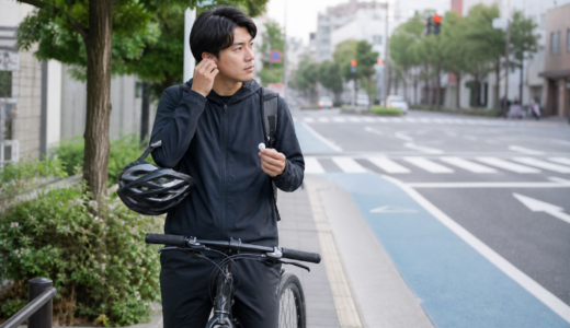 走行前にイヤホンを外して周囲の音を確認する自転車利用者