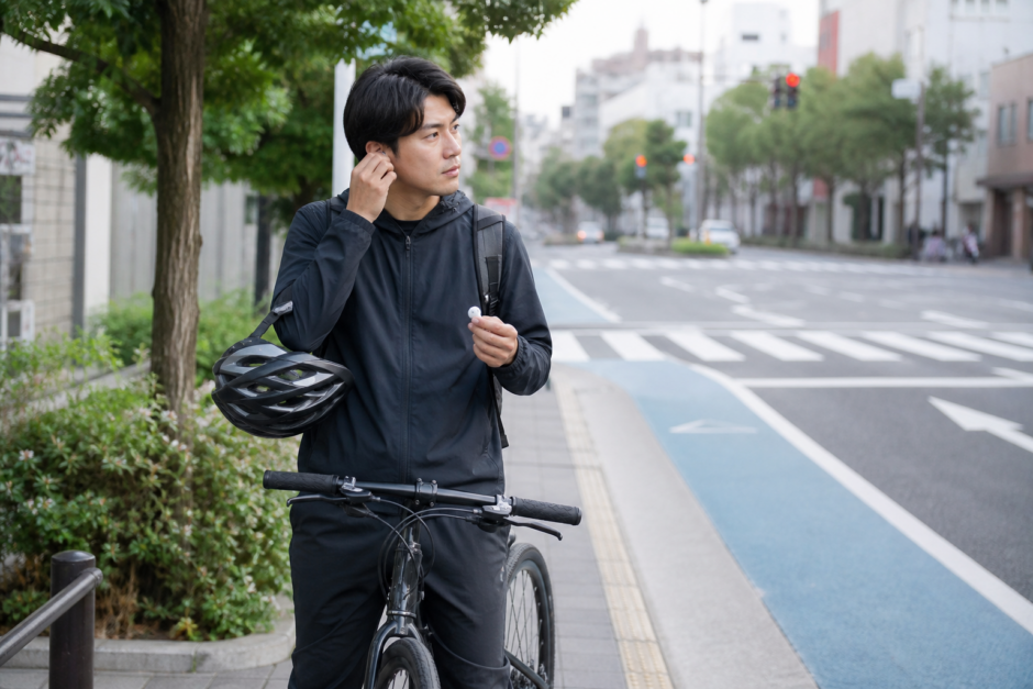 走行前にイヤホンを外して周囲の音を確認する自転車利用者