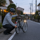 夕方の住宅街でヘルメットを着用した自転車利用者が前照灯と反射器材を確認している様子