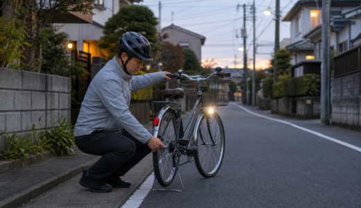 夕方の住宅街でヘルメットを着用した自転車利用者が前照灯と反射器材を確認している様子