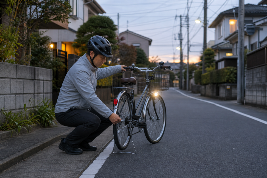 夕方の住宅街でヘルメットを着用した自転車利用者が前照灯と反射器材を確認している様子