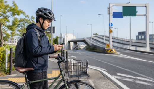 高速道路入口の手前で自転車を降りてナビアプリを確認するヘルメット着用の利用者