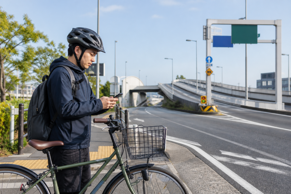 高速道路入口の手前で自転車を降りてナビアプリを確認するヘルメット着用の利用者
