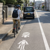 車道左側の自転車ナビマークに沿って安全確認しながら走る自転車利用者