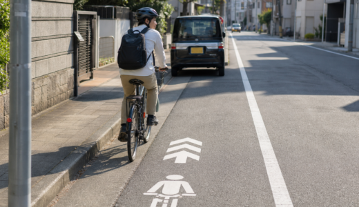車道左側の自転車ナビマークに沿って安全確認しながら走る自転車利用者