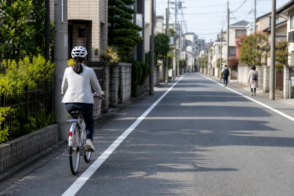 住宅街の道路左側にある路側帯付近をヘルメット着用の自転車利用者が安全に走る様子